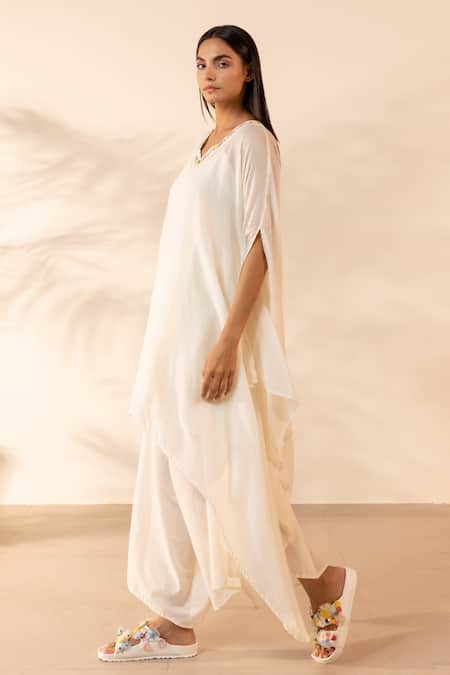 Ourdve_Beige Cotton Embroidery V-neck Lemon Kaftan And Pant Set _Online_at_Aza_Fashions