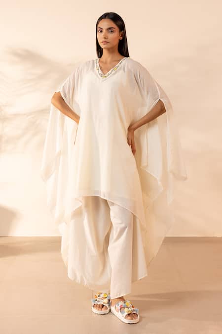 Ourdve Lemon Embroidered V-Neck Kaftan & Pant Set 