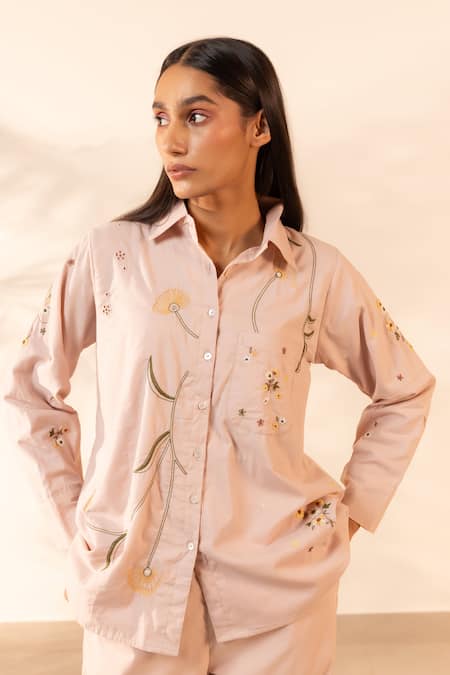 OurDve Pink Cotton Embroidery Collared Apricot Floral Shirt 