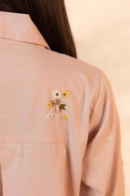 Shop OurDve Pink Cotton Embroidery Collared Apricot Floral Shirt Online at Aza Fashions Shop_OurDve_Pink Cotton Embroidery Collared Apricot Floral Shirt _Online_at_Aza_Fashions