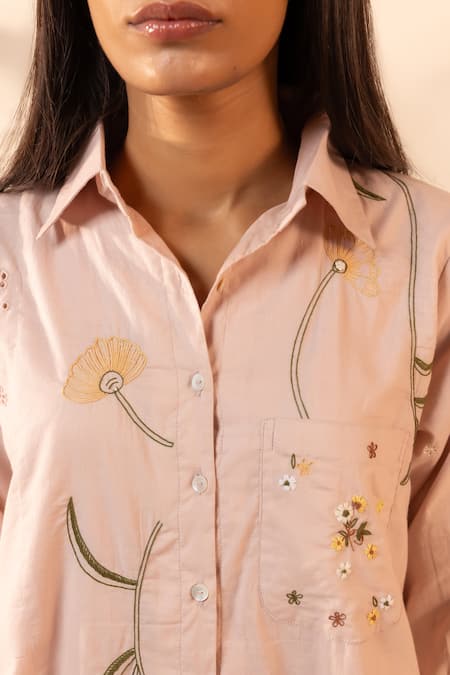 OurDve Pink Cotton Embroidery Collared Apricot Floral Shirt at Aza Fashions OurDve_Pink Cotton Embroidery Collared Apricot Floral Shirt _at_Aza_Fashions