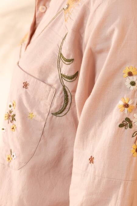 Buy OurDve Pink Cotton Embroidery Collared Apricot Floral Shirt Buy_OurDve_Pink Cotton Embroidery Collared Apricot Floral Shirt
