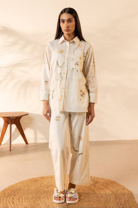 Buy OurDve Beige Cotton Embroidery Collared Apricot Shirt Online at Aza Fashions Buy_OurDve_Beige Cotton Embroidery Collared Apricot Shirt _Online_at_Aza_Fashions