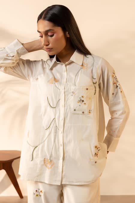 OurDve Beige Cotton Embroidery Collared Apricot Shirt 