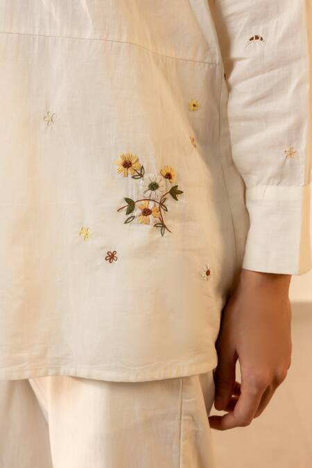 Shop OurDve Beige Cotton Embroidery Collared Apricot Shirt Online at Aza Fashions Shop_OurDve_Beige Cotton Embroidery Collared Apricot Shirt _Online_at_Aza_Fashions