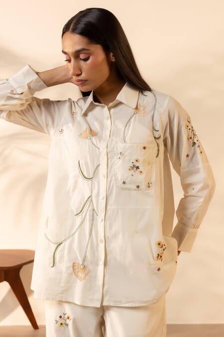 OurDve Off White Cotton Embroidery Collared Apricot Floral Shirt And Pant Set Online at Aza Fashions OurDve_Off White Cotton Embroidery Collared Apricot Floral Shirt And Pant Set _Online_at_Aza_Fashions