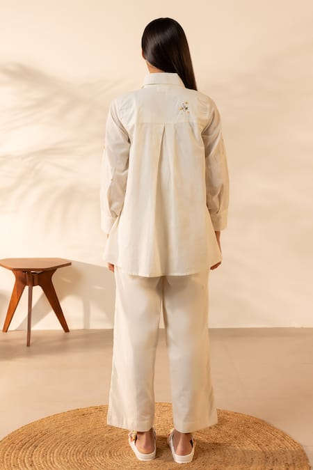 Shop OurDve Off White Cotton Embroidery Collared Apricot Floral Shirt And Pant Set at Aza Fashions Shop_OurDve_Off White Cotton Embroidery Collared Apricot Floral Shirt And Pant Set _at_Aza_Fashions
