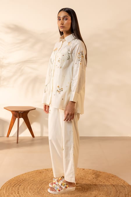 Shop OurDve Off White Cotton Embroidery Collared Apricot Floral Shirt And Pant Set Online at Aza Fashions Shop_OurDve_Off White Cotton Embroidery Collared Apricot Floral Shirt And Pant Set _Online_at_Aza_Fashions