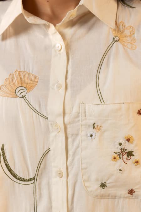 OurDve Off White Cotton Embroidery Collared Apricot Floral Shirt And Pant Set at Aza Fashions OurDve_Off White Cotton Embroidery Collared Apricot Floral Shirt And Pant Set _at_Aza_Fashions