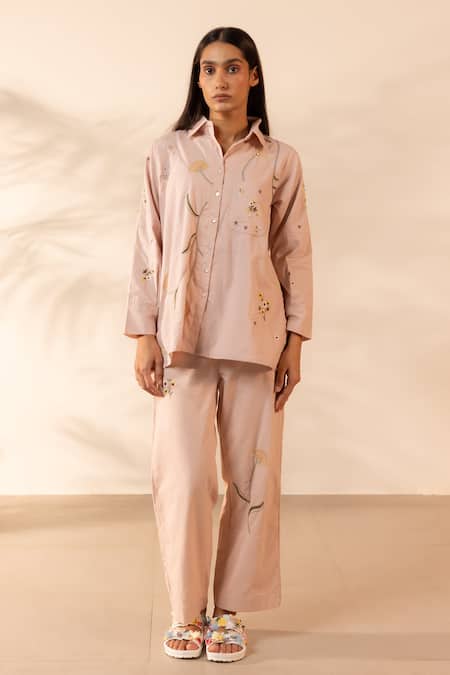 OurDve Beige Cotton Embroidery Collared Apricot Floral Shirt And Pant Set 