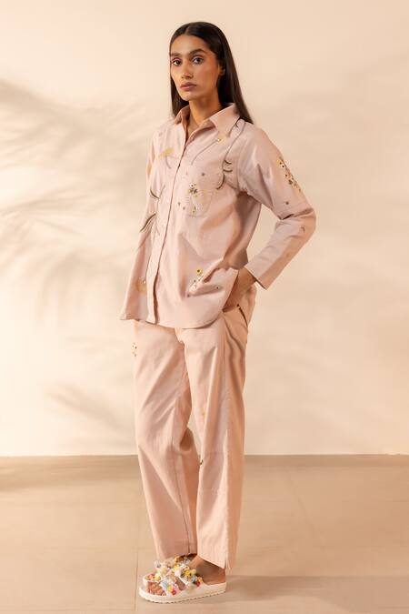 OurDve Beige Cotton Embroidery Collared Apricot Floral Shirt And Pant Set Online at Aza Fashions OurDve_Beige Cotton Embroidery Collared Apricot Floral Shirt And Pant Set _Online_at_Aza_Fashions