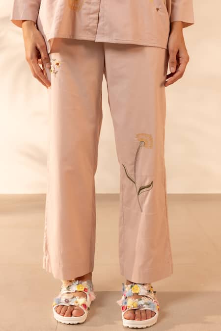 Buy OurDve Beige Cotton Embroidery Collared Apricot Floral Shirt And Pant Set Online at Aza Fashions Buy_OurDve_Beige Cotton Embroidery Collared Apricot Floral Shirt And Pant Set _Online_at_Aza_Fashions