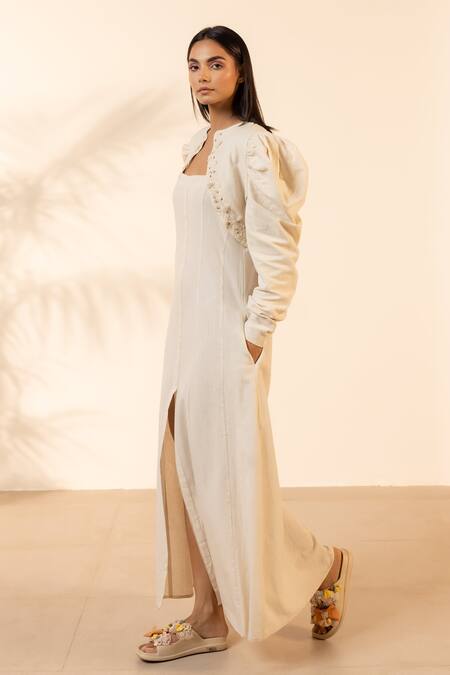 Ourdve_Beige Handloom Cotton Embroidery, Beads Summer Sway Puff Sleeve Jacket And Dress _Online_at_Aza_Fashions