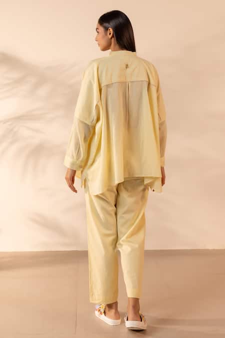 Shop OurDve Yellow Cotton Embroidery Mandarin Collar Drizzle Pintuck And Top at Aza Fashions Shop_OurDve_Yellow Cotton Embroidery Mandarin Collar Drizzle Pintuck And Top _at_Aza_Fashions