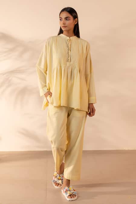 OurDve Yellow Cotton Embroidery Mandarin Collar Drizzle Pintuck And Top Online at Aza Fashions OurDve_Yellow Cotton Embroidery Mandarin Collar Drizzle Pintuck And Top _Online_at_Aza_Fashions