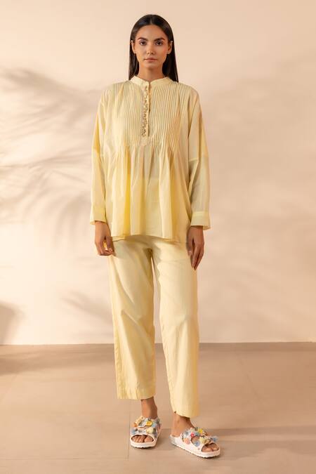Buy OurDve Yellow Cotton Embroidery Mandarin Collar Drizzle Pintuck And Floral Top With Pant Online at Aza Fashions Buy_OurDve_Yellow Cotton Embroidery Mandarin Collar Drizzle Pintuck And Floral Top With Pant _Online_at_Aza_Fashions