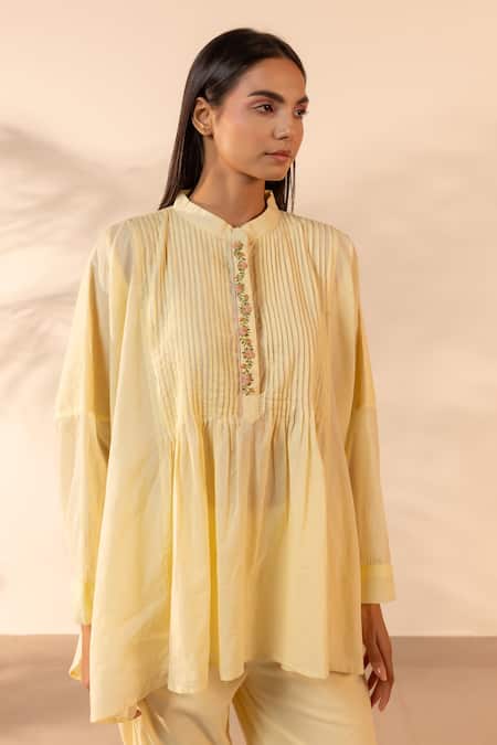 Buy OurDve Yellow Cotton Embroidery Mandarin Collar Drizzle Pintuck And Floral Top With Pant Buy_OurDve_Yellow Cotton Embroidery Mandarin Collar Drizzle Pintuck And Floral Top With Pant