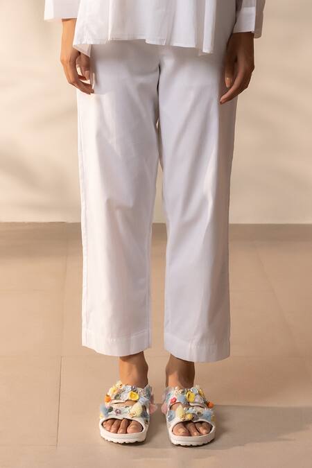 Ourdve_White Cotton Embroidery Mandarin Collar Drizzle Pintuck And Floral Top With Pant _Online_at_Aza_Fashions