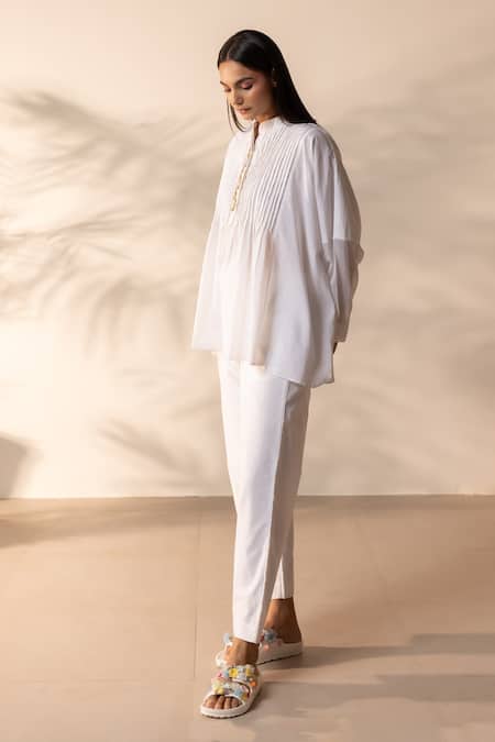 Buy_Ourdve_White Cotton Embroidery Mandarin Collar Drizzle Pintuck And Floral Top With Pant _Online_at_Aza_Fashions