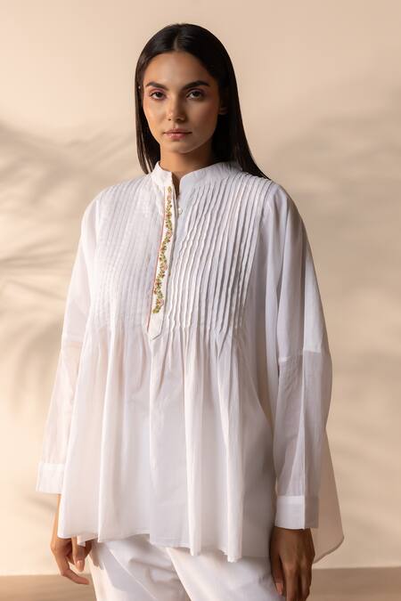 Shop_Ourdve_White Cotton Embroidery Mandarin Collar Drizzle Pintuck And Floral Top With Pant _Online_at_Aza_Fashions