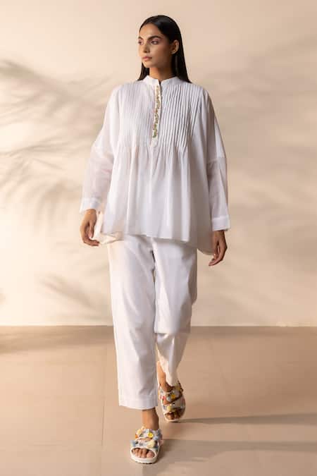 Ourdve_White Cotton Embroidery Mandarin Collar Drizzle Pintuck And Floral Top With Pant _at_Aza_Fashions