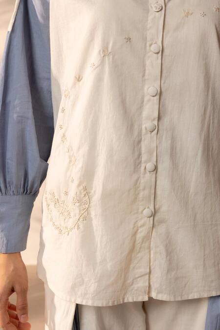 Ourdve_Beige Cotton Embroidery Collared Breeze Drawstring Shirt _Online_at_Aza_Fashions