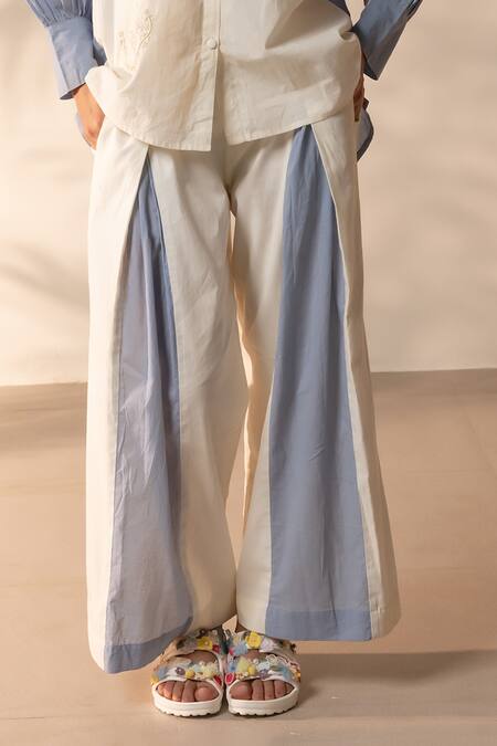 Shop_Ourdve_Beige Cotton Embroidery Collared Breeze Colorblock Shirt And Pant Set _Online_at_Aza_Fashions