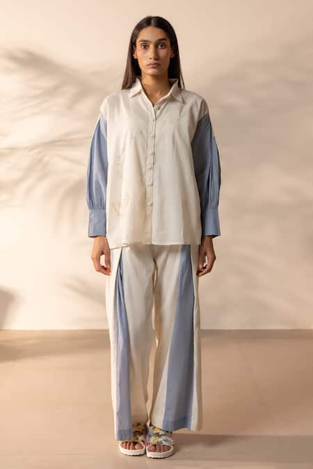 Ourdve_Beige Cotton Embroidery Collared Breeze Colorblock Shirt And Pant Set _at_Aza_Fashions