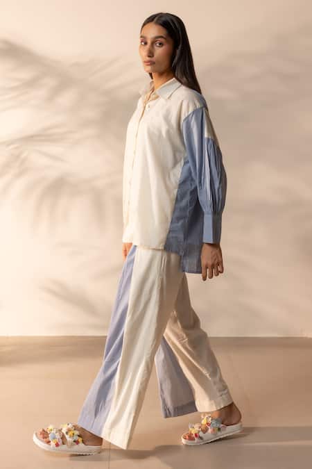 Shop_Ourdve_Beige Cotton Embroidery Collared Breeze Colorblock Shirt And Pant Set 