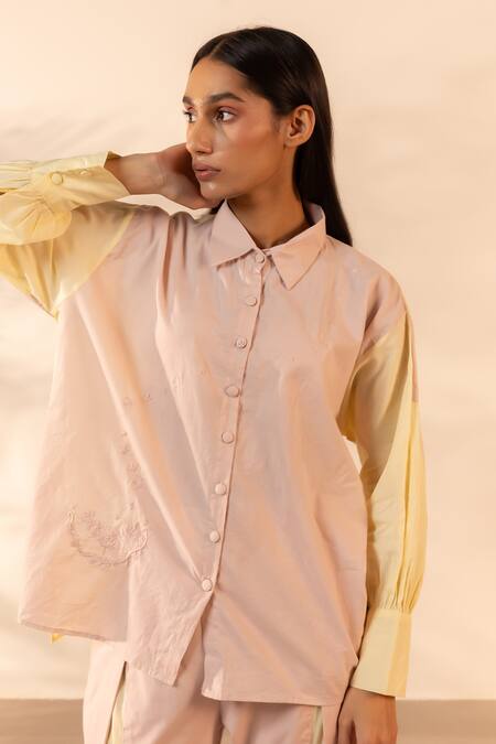 Buy_Ourdve_Pink Cotton Embroidery Collared Breeze Colorblock Shirt And Pant Set 