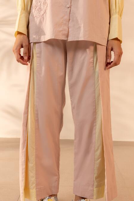 Shop_Ourdve_Pink Cotton Embroidery Collared Breeze Colorblock Shirt And Pant Set 