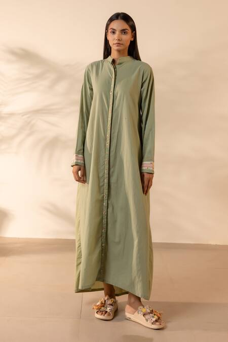Ourdve_Green Cotton Embroidery, Beads Mandarin Collar Whimsy Dress _Online_at_Aza_Fashions