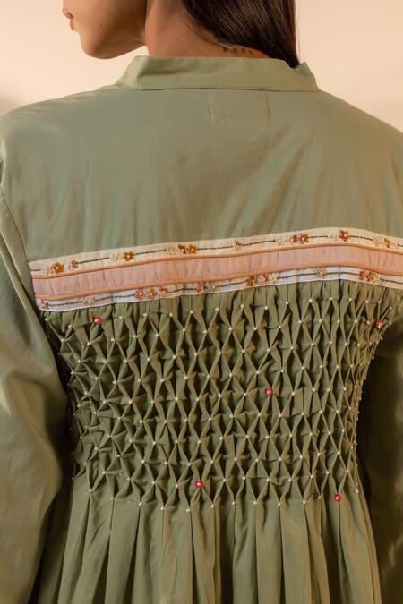 Buy_Ourdve_Green Cotton Embroidery, Beads Mandarin Collar Whimsy Dress _Online_at_Aza_Fashions