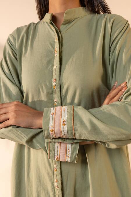 Ourdve_Green Cotton Embroidery, Beads Mandarin Collar Whimsy Dress _at_Aza_Fashions