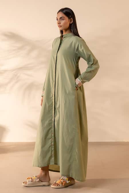 Buy_Ourdve_Green Cotton Embroidery, Beads Mandarin Collar Whimsy Dress 