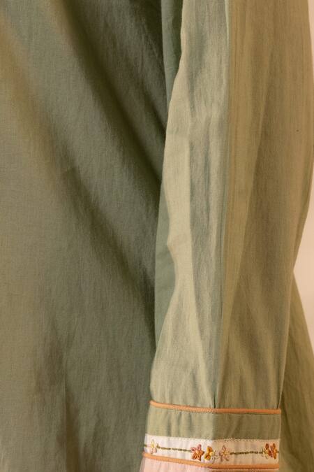 Shop_Ourdve_Green Cotton Embroidery, Beads Mandarin Collar Whimsy Dress 