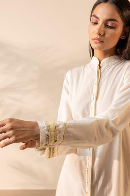 Ourdve_Beige Cotton Embroidery Mandarin Collar Whimsy Smocked Dress _Online_at_Aza_Fashions