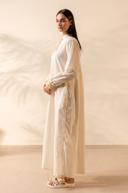 Buy_Ourdve_Beige Cotton Embroidery Mandarin Collar Whimsy Smocked Dress _Online_at_Aza_Fashions