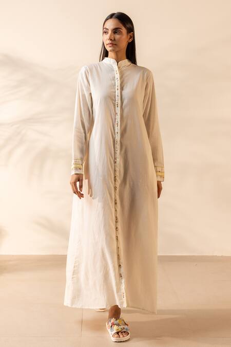 Shop_Ourdve_Beige Cotton Embroidery Mandarin Collar Whimsy Smocked Dress _Online_at_Aza_Fashions