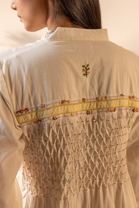 Ourdve_Beige Cotton Embroidery Mandarin Collar Whimsy Smocked Dress _at_Aza_Fashions