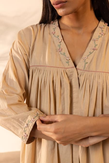 Buy Ourdve Beige Cotton Embroidery V-neck Gathered Dress Online at Aza Fashions Buy_Ourdve_Beige Cotton Embroidery V-neck Gathered Dress _Online_at_Aza_Fashions