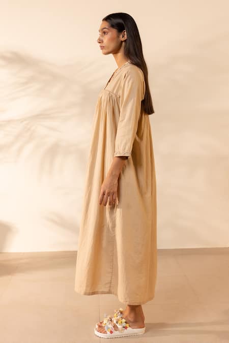 Shop Ourdve Beige Cotton Embroidery V-neck Gathered Dress Online at Aza Fashions Shop_Ourdve_Beige Cotton Embroidery V-neck Gathered Dress _Online_at_Aza_Fashions