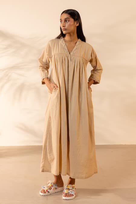 Ourdve Gathered V-Neck Embroidered Dress 