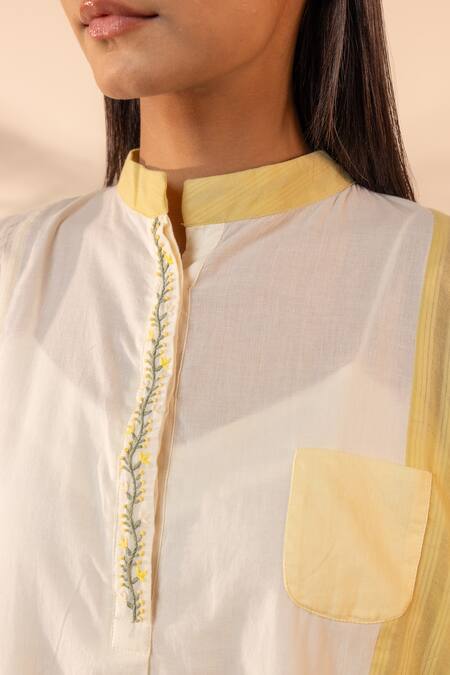 Ourdve Yellow Cotton Embroidery Mandarin Collar Blush Wind Striped And Dress at Aza Fashions Ourdve_Yellow Cotton Embroidery Mandarin Collar Blush Wind Striped And Dress _at_Aza_Fashions