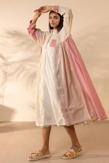 Buy_Ourdve_Pink Cotton Embroidery Mandarin Blush Wind Striped And Solid Panelled Dress _Online_at_Aza_Fashions