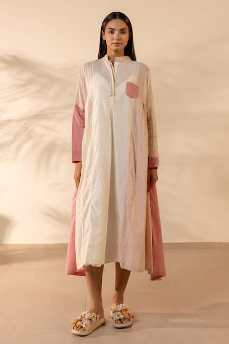 Ourdve Blush Wind Striped & Solid Panelled Cotton Dress 