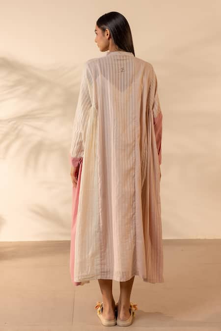 Ourdve Blush Wind Striped & Solid Panelled Cotton Dress 