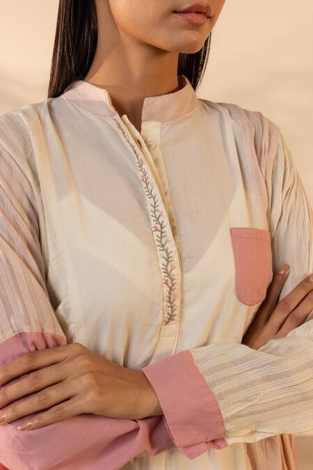 Ourdve_Pink Cotton Embroidery Mandarin Blush Wind Striped And Solid Panelled Dress _at_Aza_Fashions