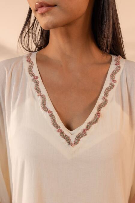 Ourdve_Beige Cotton Embroidery V-neck Peel Color Block Kaftan _Online_at_Aza_Fashions