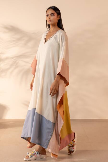 Buy_Ourdve_Beige Cotton Embroidery V-neck Peel Color Block Kaftan _Online_at_Aza_Fashions